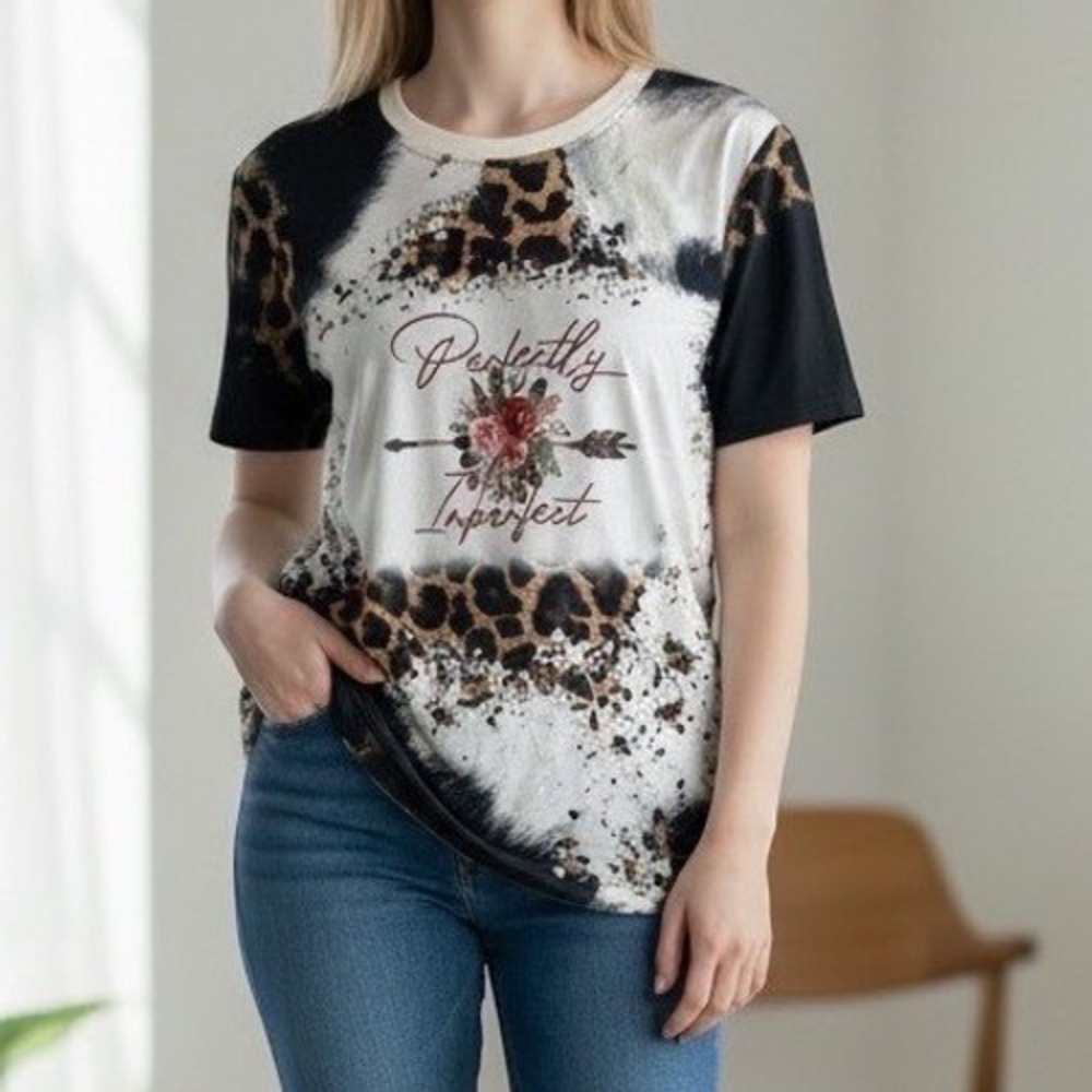 Boutique Graphic Tee Women XL‎ Multicolor Leopard Print Perfectly Imperfect Boho